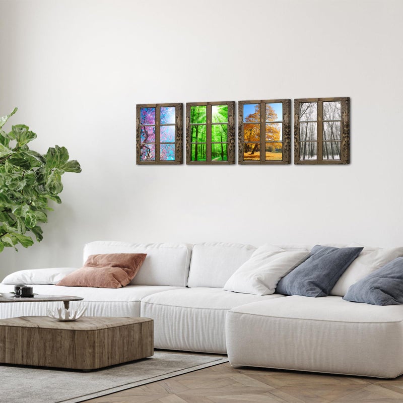 iHAPPYWALL 4 Seasons Modern Landscape Window Frame Style Wall Decor Spring Summer Autumn Winter Season Changes Forest with Sunshine Picture for Living Room Ready to Hang - Image 4